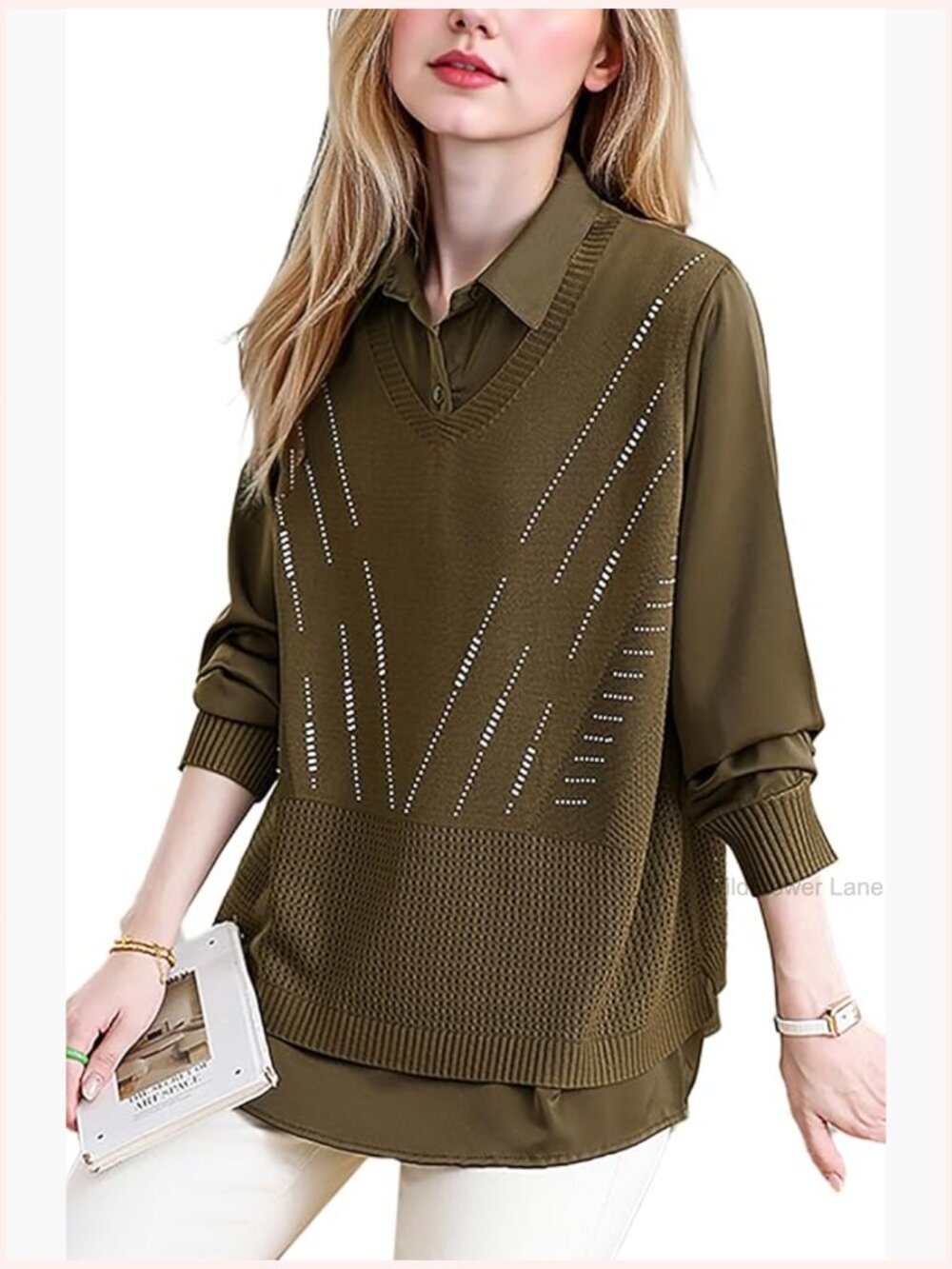V Neck Layered Sweaters 2 in 1 Pullover Long Sleeve Top